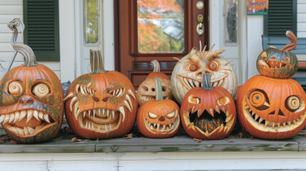 Obraz premium A of carved pumpkins sitting on a porch each one unique with its own design and character.