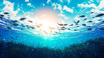 Fototapeta na wymiar Illustration of a global environmental protection theme with silhouettes of fish seen in beautiful water,