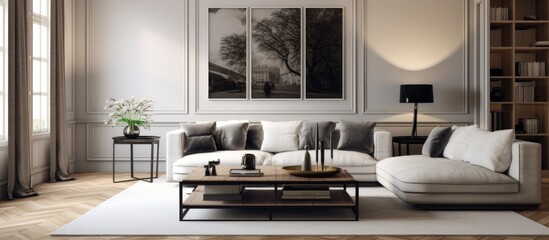 Fototapeta na wymiar Modern Living Room Interior with White Carpet Parquet Floor and Photo Frame