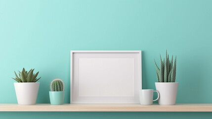 Mockup with white frame, note, against blue wall. Note Mockup with Blue Wall Background