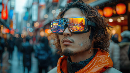Stylish young man with futuristic sunglasses on a busy city street with blur and bokeh background