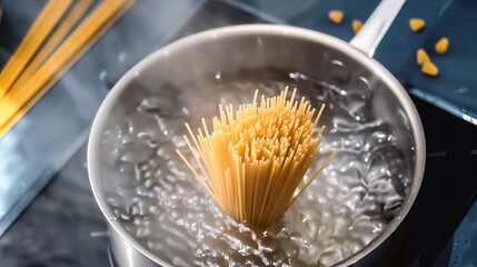 op view, raw Italian Bunch of spaghetti in a boiling clear water pot,realistic photo. - obrazy, fototapety, plakaty