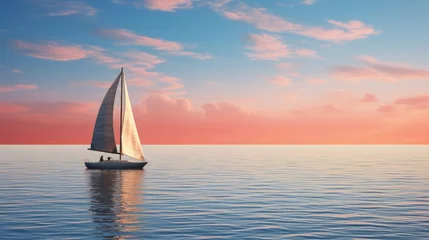 Rolgordijnen Classic sailboat on the horizon, ocean adventure, copy space © Anuwat