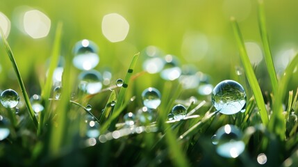 Close-up of dew on grass, detail with background space