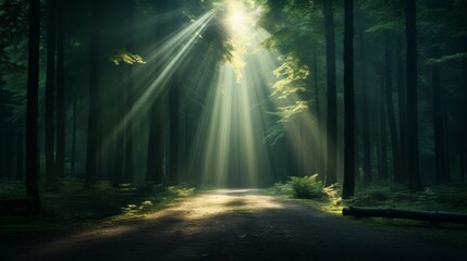 Ethereal forest with light beams, enchanted atmosphere