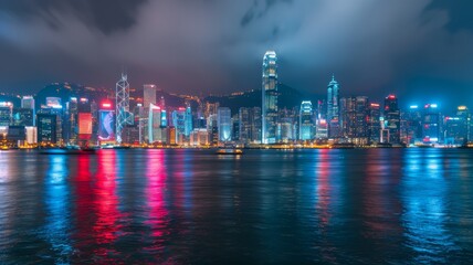 A panoramic view of downtown Hong Kong city at night, with illuminated skyscrapers and bustling streets.