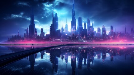 Fototapeta na wymiar Futuristic city skyline, neon glow with sky copy area