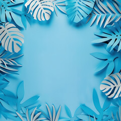 A Serene Collection of Tropical Leaves and Foliage in Hues of Blue with a Spacious Background