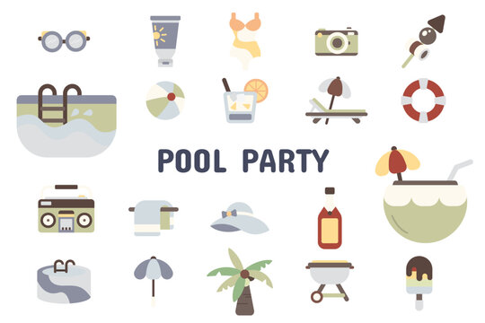Pool Party Flat Vector Illustration Icon Sticker Set Design Materials
