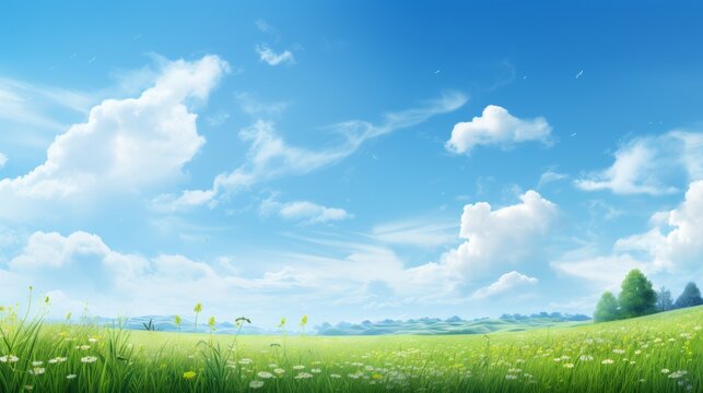 Fresh spring meadow, greenery with sky copy space