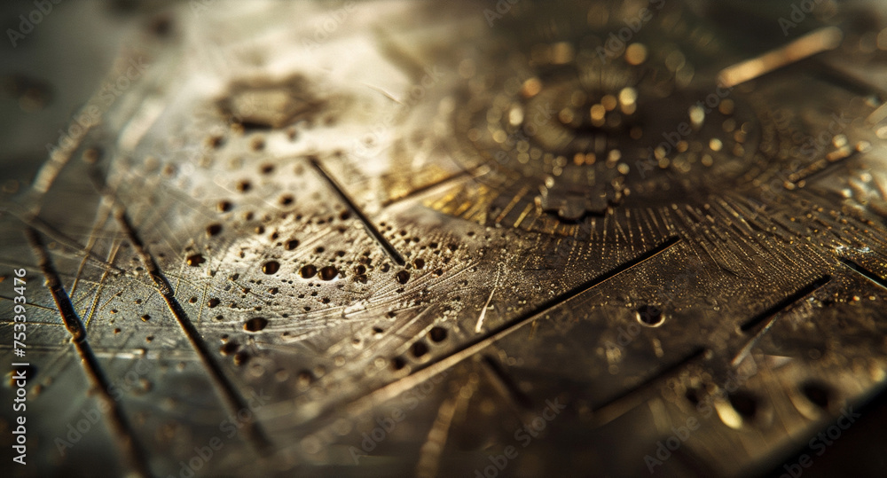 Poster a tightly cropped image of a small metal sample with intricate etchings and markings that highlight 