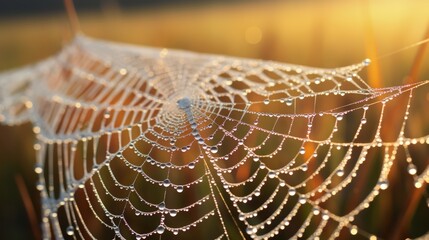 Macro shot of dew on spider web, morning light