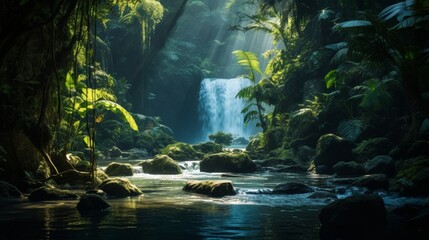 Majestic waterfall in a tropical forest, hidden paradise