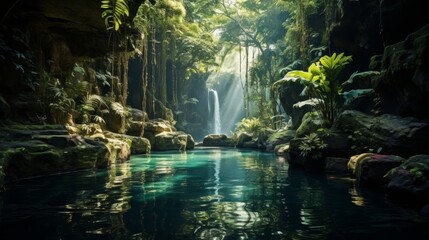 Majestic waterfall in a tropical forest, hidden paradise - obrazy, fototapety, plakaty