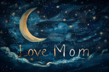 Obraz na płótnie Canvas Crescent moon and stars in night sky with golden Love Mom message evoking warmth and familial affection.
