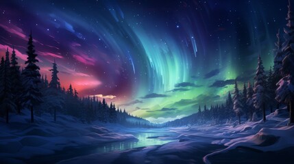Northern lights over a snowy landscape, magical winter