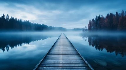 Tuinposter Old wooden pier, tranquil lake © Anuwat