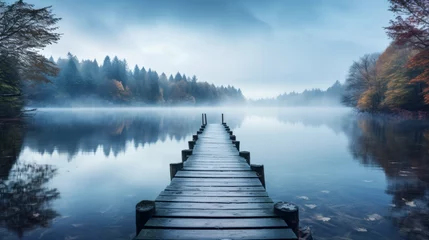 Deurstickers Old wooden pier, tranquil lake © Anuwat