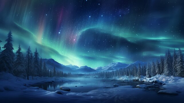 Northern lights over a snowy landscape, magical winter