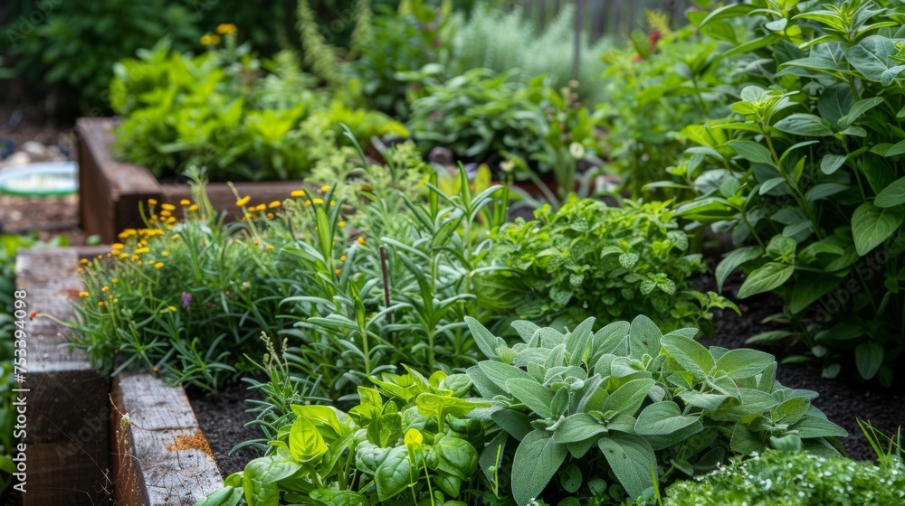 Poster at various levels small herb gardens are nestled between larger plants providing both visual interes