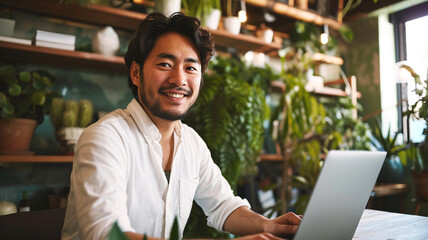 Fototapeta premium Happy young Asian man working on his laptop