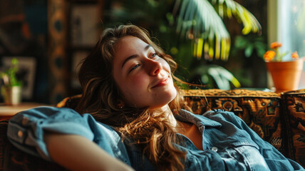 Happy young woman is relaxing on her couch