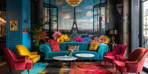 Modern a colorfull reception of a French hotel where in the background we see a giant wall with a photo of Paris