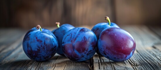 Fresh organic blue plums displayed in a rustic fruit still life on a wooden table.