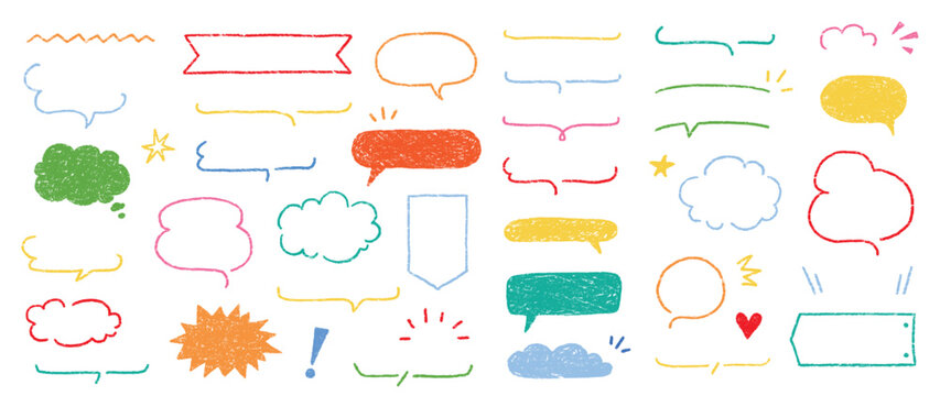 Cute crayon frame speech bubble set. Crayon chalk background speech bubble frame. Hand drawn chalk pencil dialog balloon, children color doodle text cloud. Vector illustration