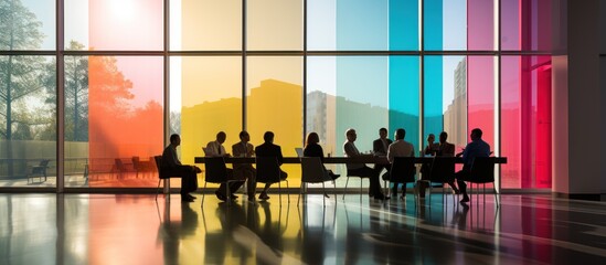 Silhouettes of business people in a meeting room with large windows