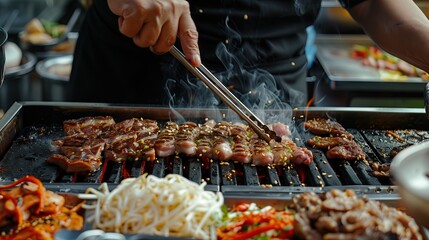 A male uses his hand to use a pair of tweezers on the grill using his handle. Grilled pork belly on the grill The background is surrounded by a shabu set of fresh meat, vegetables, and Korean style. - obrazy, fototapety, plakaty
