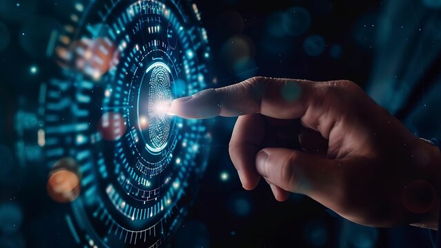 The image shows a person pressing a button on a futuristic screen with their finger. The screen is blue and has a fingerprint on it. The finger is pointing at a button that says "Activate." 