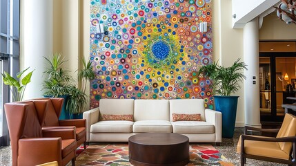 Vibrant mosaic tiles arranged in a captivating pattern on a living room wall