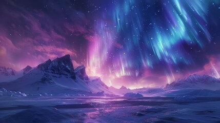 Arctic aurora over icy landscape, magical night