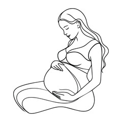 Pregnant woman siting on floor continuous line art vector illustration