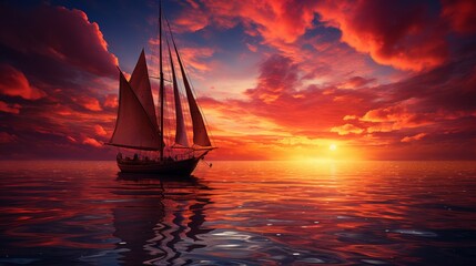 Sailing boat at sunset, vast ocean with sky space
