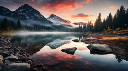 Stoff pro Meter Serene mountain lake at dawn, vibrant reflections © Anuwat