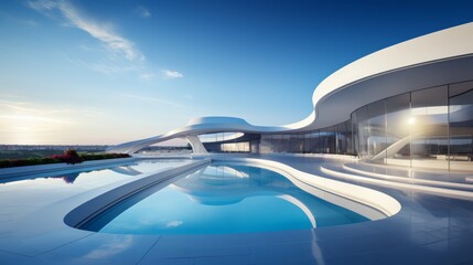 Sleek architectural curves, modern buildings with sky copy area