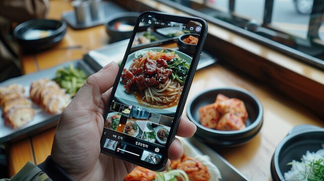 The image focuses on a smartphone screen displaying an Instagram , well-prepared lunch. The photos on screen should convey the warmth and invitingness of the lunch. Great for sharing on social media