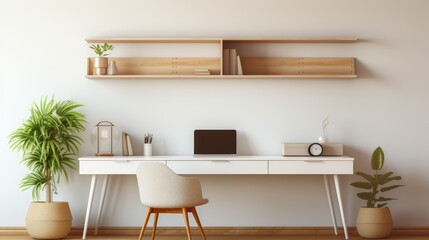 Fototapeta na wymiar Stylish home office setup, minimalist with ample space for copy