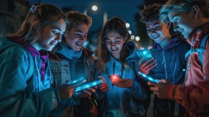 a Group teenage girls and boys, holding their smartphones, smiling to each other happy, photo angle from behind, The image illustrates social media likes