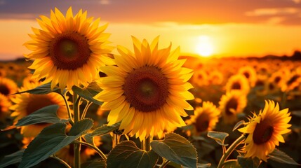 Sunflower field at sunset, golden hour glow