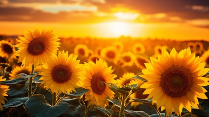 Obraz premium Sunflower field at sunset, golden hour glow