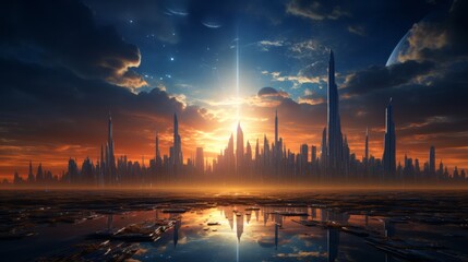 Sunrise over a futuristic city skyline with copy space