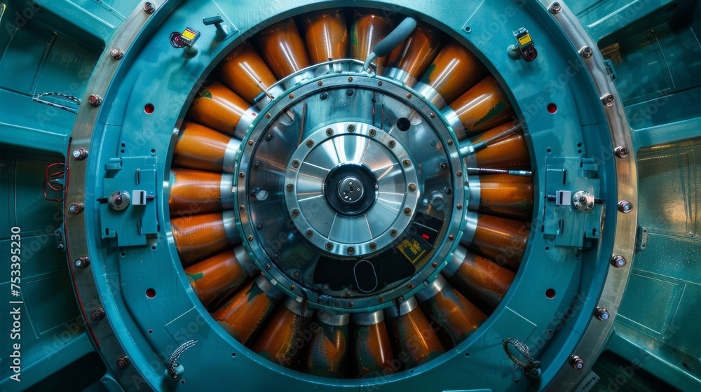 Poster a closeup of the inner workings of a tidal energy generator revealing the advanced technology and en