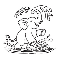 Line art of elephant cartoon has fun wth splashing water vector