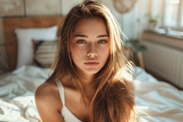A photo of a young, healthy, and slim woman in a bedroom with morning sunshine