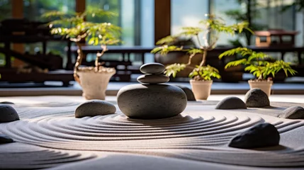  Zen garden with smooth stones, raked sand © Anuwat