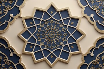 navy blue and beige islamic octagonal ornament with curved pattern on light brown background