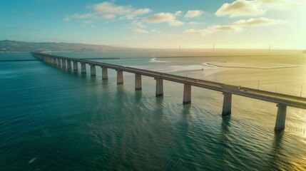 Obraz premium The bridge seems to disappear into the horizon connecting two distant points over a seemingly endless body of water.